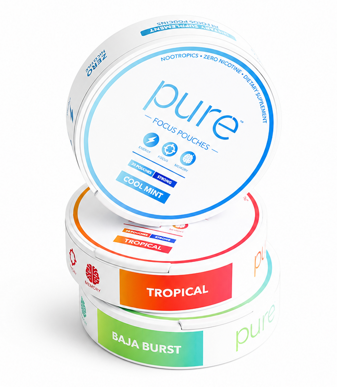 Pure Focus Pouches — three flavors