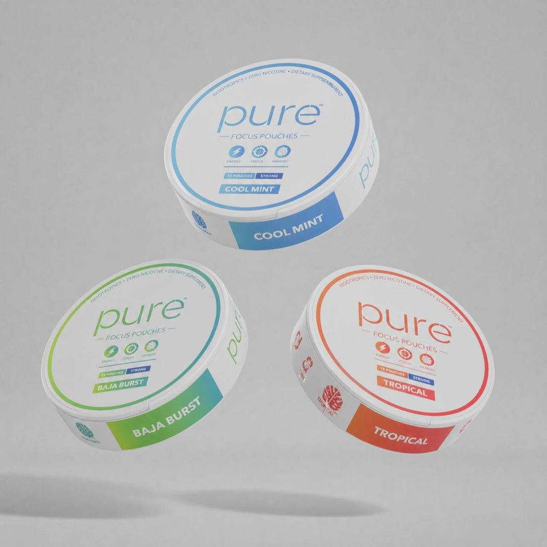 Pure Focus Pouches — Cool Mint, Tropical, Baja Burst cans